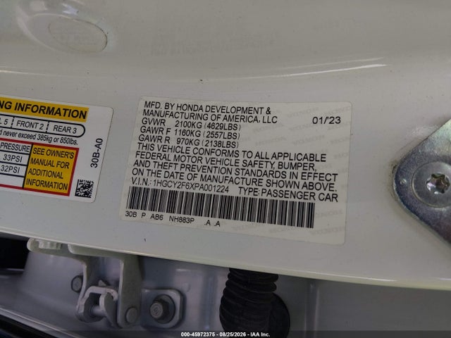 2023 Honda Accord Hybrid Ex-l მანქანა იყიდება აუქციონზე, vin: 1HGCY2F6XPA001224, აუქციონის ნომერი: 45972375