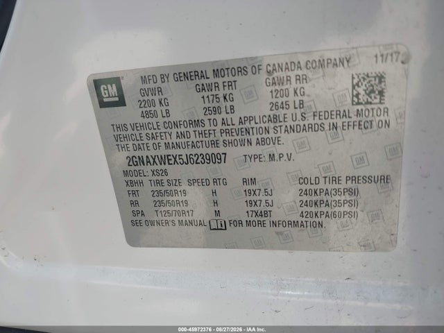 2018 Chevrolet Equinox Premier მანქანა იყიდება აუქციონზე, vin: 2GNAXWEX5J6239097, აუქციონის ნომერი: 45972376