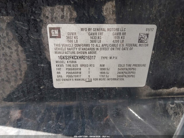 45972380 :رقم المزاد ، 1GKS2FKCXHR216317 vin ، 2017 Gmc Yukon Xl Sle مزاد بيع