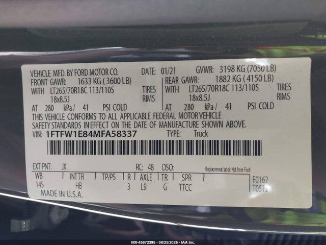 Aukcja sprzedaży 2021 Ford F-150 Lariat, vin: 1FTFW1E84MFA58337, numer aukcji: 45972395