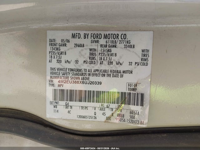 45972424 :رقم المزاد ، 4M2EU388X6UJ20339 vin ، 2006 Mercury Mountaineer Premier مزاد بيع