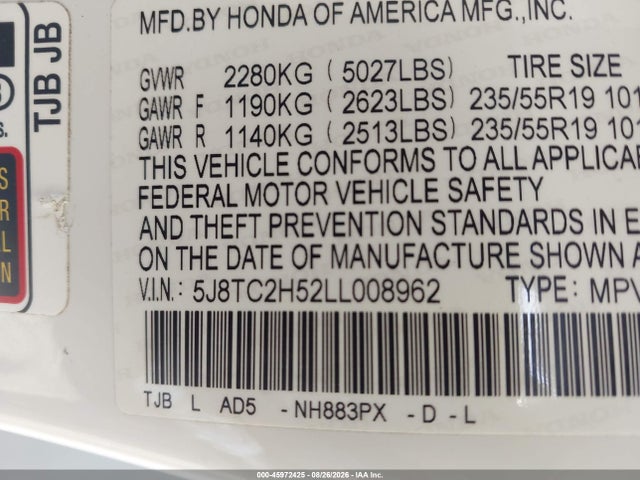Продажа на аукционе авто 2020 Acura Rdx Technology Package, vin: 5J8TC2H52LL008962, номер лота: 45972425