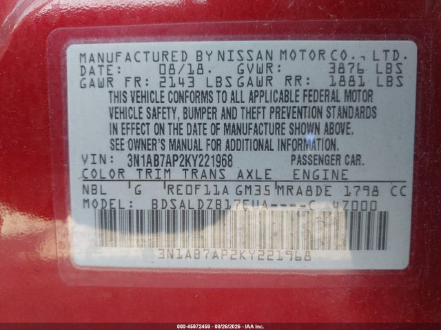 Продажа на аукционе авто 2019 Nissan Sentra Sv, vin: 3N1AB7AP2KY221968, номер лота: 45972459