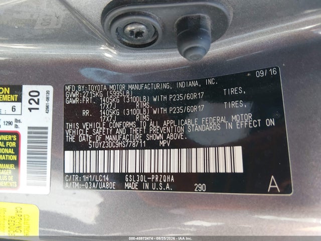 Aukcja sprzedaży 2017 Toyota Sienna Xle 8 Passenger, vin: 5TDYZ3DC9HS778711, numer aukcji: 45972474