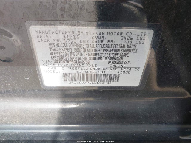 Aukcja sprzedaży 2016 Nissan Versa 1.6 S/1.6 S+/1.6 Sl/1.6 Sv, vin: 3N1CN7AP5GL842738, numer aukcji: 45972482