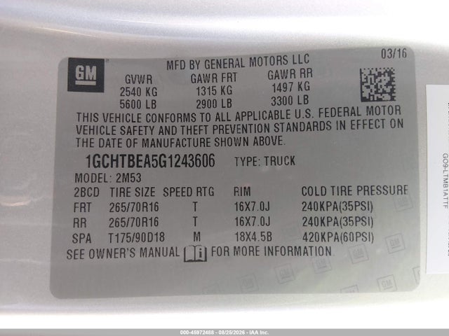 Продаж на аукціоні авто 2016 Chevrolet Colorado Wt, vin: 1GCHTBEA5G1243606, номер лоту: 45972488