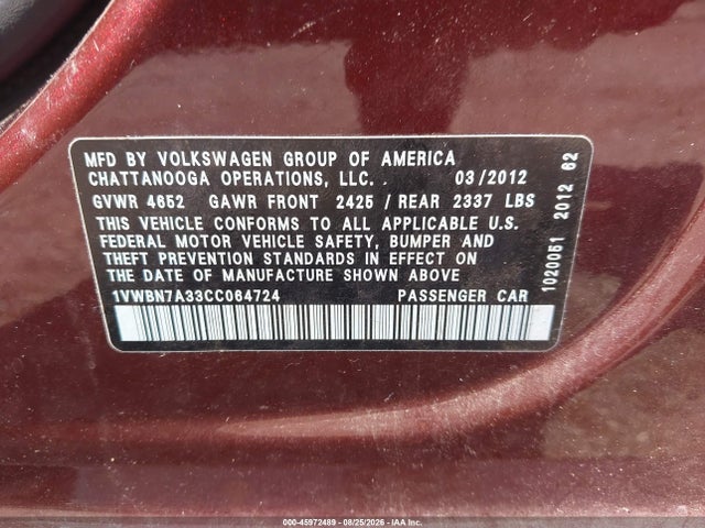 45972489 :رقم المزاد ، 1VWBN7A33CC064724 vin ، 2012 Volkswagen Passat 2.0l Tdi Se مزاد بيع