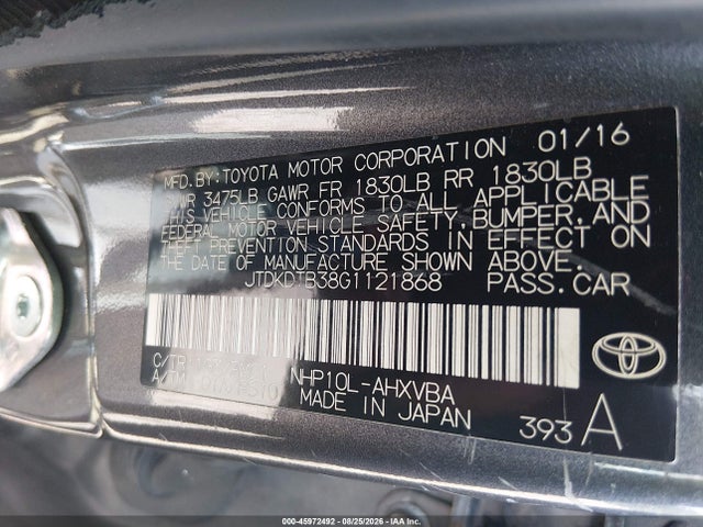 2016 Toyota Prius C Two მანქანა იყიდება აუქციონზე, vin: JTDKDTB38G1121868, აუქციონის ნომერი: 45972492
