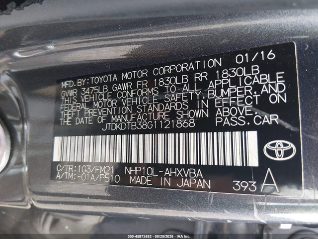 2016 Toyota Prius C Two მანქანა იყიდება აუქციონზე, vin: JTDKDTB38G1121868, აუქციონის ნომერი: 45972492