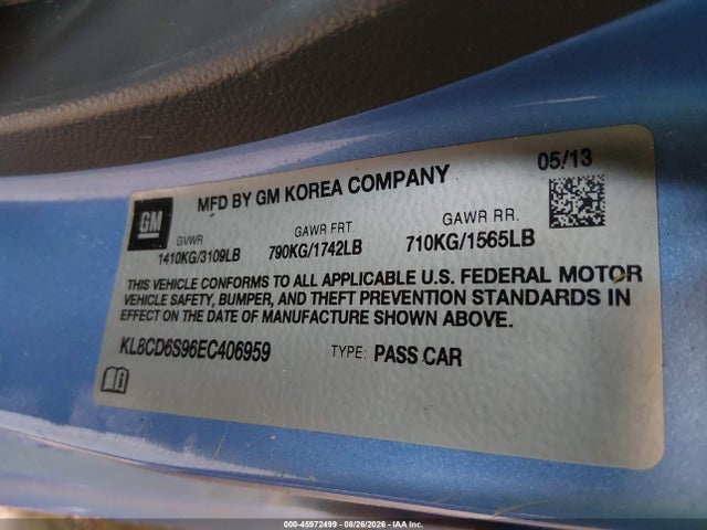 45972499 :رقم المزاد ، KL8CD6S96EC406959 vin ، 2014 Chevrolet Spark 1lt Auto مزاد بيع