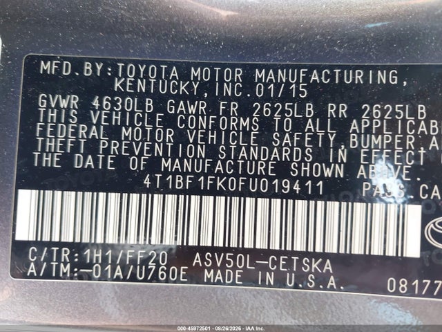 45972501 :رقم المزاد ، 4T1BF1FK0FU019411 vin ، 2015 Toyota Camry Se مزاد بيع