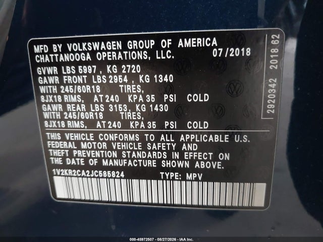 2018 Volkswagen Atlas 3.6l V6 Se მანქანა იყიდება აუქციონზე, vin: 1V2KR2CA2JC585824, აუქციონის ნომერი: 45972507
