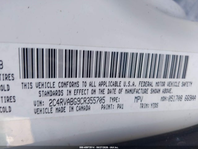 45972514 :رقم المزاد ، 2C4RVABG9CR355705 vin ، 2012 Volkswagen Routan Se مزاد بيع