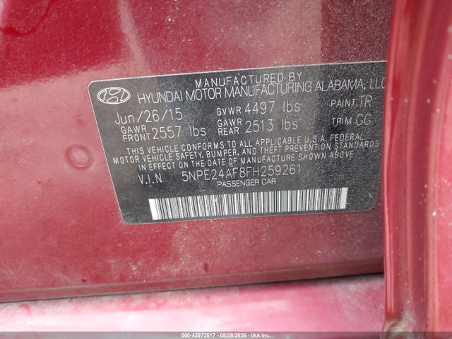 Продажа на аукционе авто 2015 Hyundai Sonata Se, vin: 5NPE24AF8FH259261, номер лота: 45972517