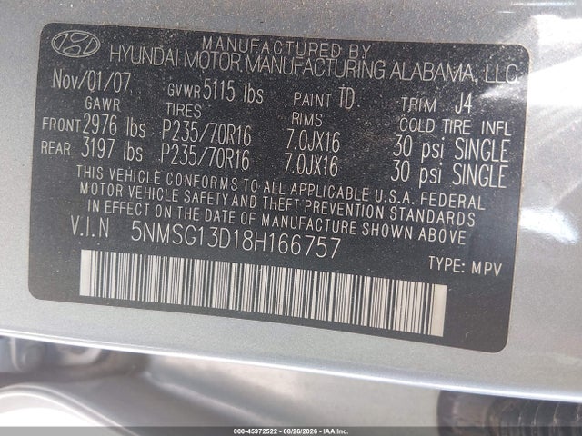 45972522 :رقم المزاد ، 5NMSG13D18H166757 vin ، 2008 Hyundai Santa Fe Gls مزاد بيع