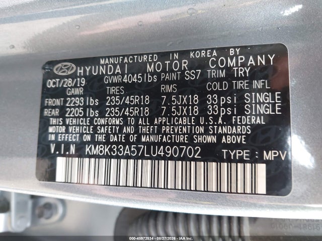 2020 Hyundai Kona Limited მანქანა იყიდება აუქციონზე, vin: KM8K33A57LU490702, აუქციონის ნომერი: 45972534
