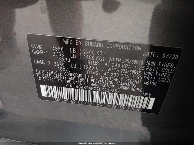 Aukcja sprzedaży 2020 Subaru Outback Limited, vin: 4S4BTANC7L3239858, numer aukcji: 45972544