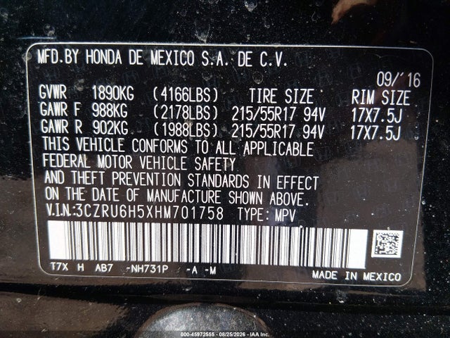 Aukcja sprzedaży 2017 Honda Hr-v Ex, vin: 3CZRU6H5XHM701758, numer aukcji: 45972555