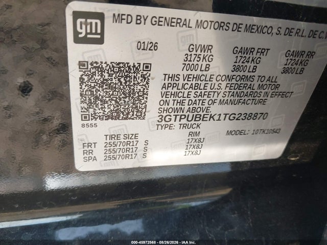 2026 Gmc Sierra 1500 , Short Bed, Sle, 4wd მანქანა იყიდება აუქციონზე, vin: 3GTPUBEK1TG238870, აუქციონის ნომერი: 45972568