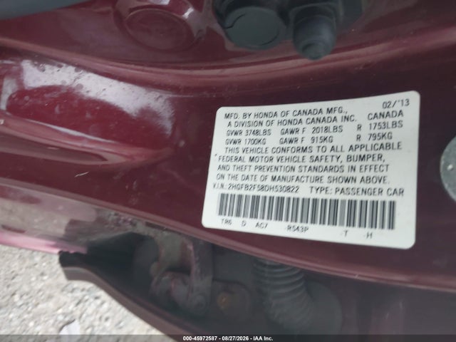 45972587 :رقم المزاد ، 2HGFB2F58DH530822 vin ، 2013 Honda Civic Lx مزاد بيع
