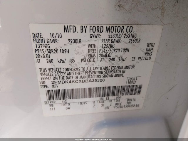 2011 Ford Edge Limited მანქანა იყიდება აუქციონზე, vin: 2FMDK4KCXBBA35328, აუქციონის ნომერი: 45972596