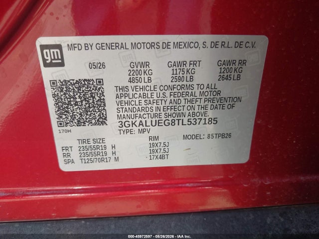 45972597 :رقم المزاد ، 3GKALUEG8TL537185 vin ، 2026 Gmc Terrain Awd Elevation مزاد بيع
