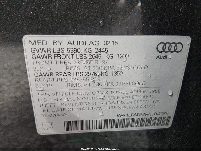 2015 Audi Q5 2.0t Premium მანქანა იყიდება აუქციონზე, vin: WA1LFAFP3FA104386, აუქციონის ნომერი: 45972612