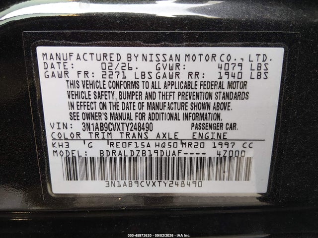 Aukcja sprzedaży 2026 Nissan Sentra Sv, vin: 3N1AB9CVXTY248490, numer aukcji: 45972620