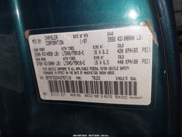 Aukcja sprzedaży 1997 Dodge Ram 2500 St, vin: 3B7KF23Z4VG767110, numer aukcji: 45972628