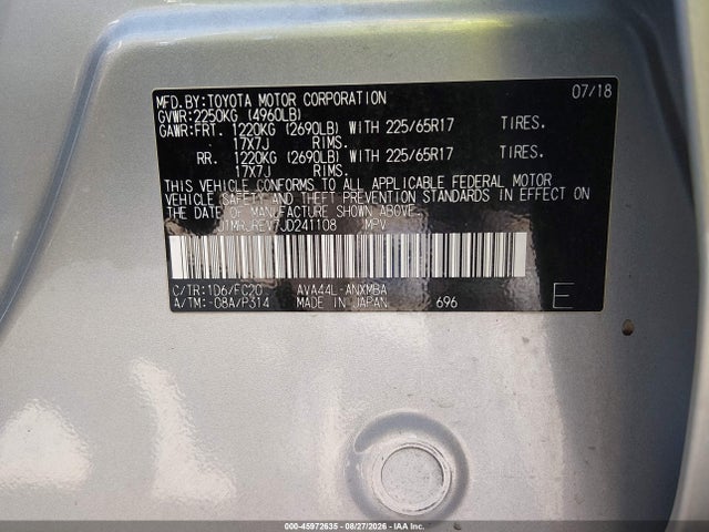 45972635 :رقم المزاد ، JTMRJREV7JD241108 vin ، 2018 Toyota Rav4 Hybrid Xle مزاد بيع