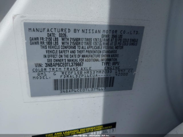 Aukcja sprzedaży 2026 Nissan Kicks Sv, vin: 3N8AP6CE0TL379667, numer aukcji: 45972638
