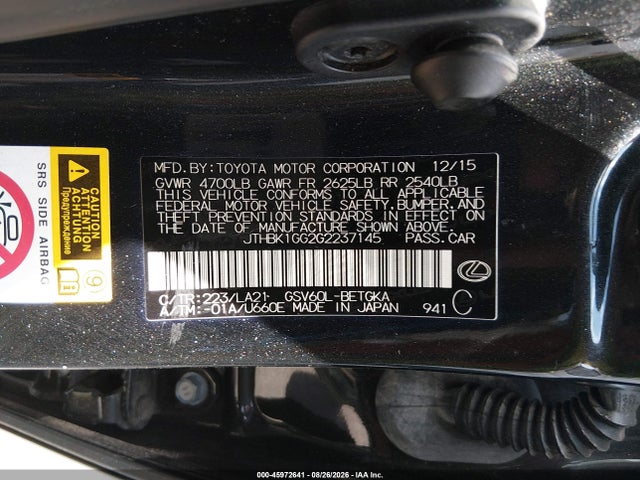 Aukcja sprzedaży 2016 Lexus Es 350, vin: JTHBK1GG2G2237145, numer aukcji: 45972641