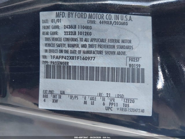 Aukcja sprzedaży 2001 Ford Mustang Gt, vin: 1FAFP42X81F160977, numer aukcji: 45972647