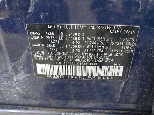 Продаж на аукціоні авто 2015 Subaru Outback 2.5i Limited, vin: 4S4BSAJC4F3323939, номер лоту: 45972655