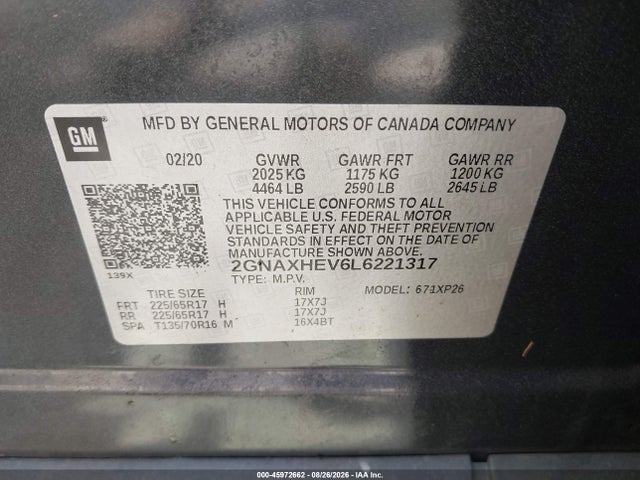Продаж на аукціоні авто 2020 Chevrolet Equinox Fwd Ls, vin: 2GNAXHEV6L6221317, номер лоту: 45972662