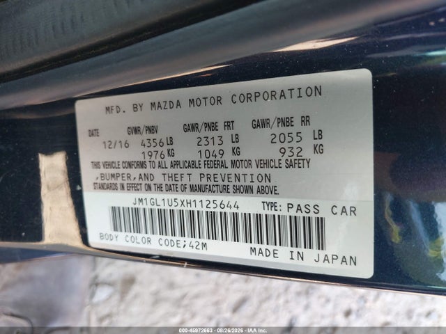 2017 Mazda Mazda6 Sport მანქანა იყიდება აუქციონზე, vin: JM1GL1U5XH1125644, აუქციონის ნომერი: 45972663