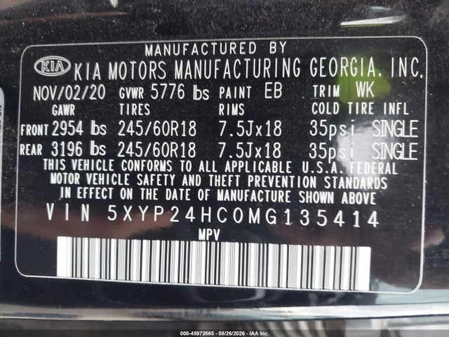 Aukcja sprzedaży 2021 Kia Telluride Lx, vin: 5XYP24HC0MG135414, numer aukcji: 45972665