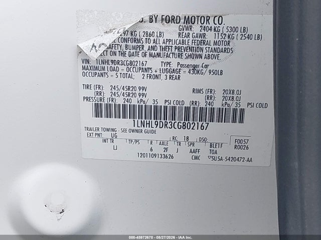 Продажа на аукционе авто 2012 Lincoln Mks, vin: 1LNHL9DR3CG802167, номер лота: 45972670