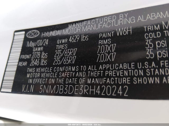 2024 Hyundai Tucson Sel მანქანა იყიდება აუქციონზე, vin: 5NMJB3DE3RH420242, აუქციონის ნომერი: 45972672