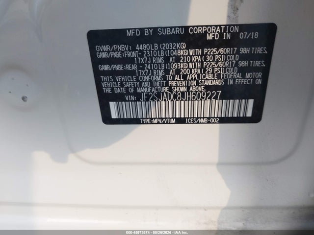 2018 Subaru Forester 2.5i Premium მანქანა იყიდება აუქციონზე, vin: JF2SJADC8JH609227, აუქციონის ნომერი: 45972674