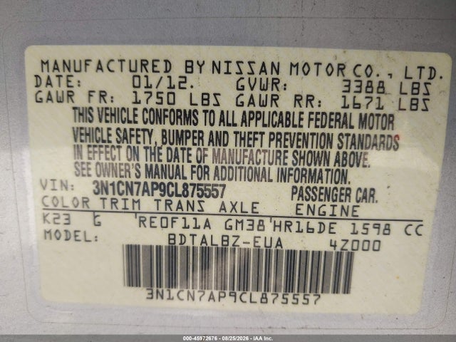 45972676 :رقم المزاد ، 3N1CN7AP9CL875557 vin ، 2012 Nissan Versa 1.6 Sv مزاد بيع