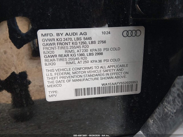 Продажа на аукционе авто 2025 Audi Q5 Premium Plus 45 Tfsi S Line Quattro S Tronic, vin: WA1EAAFY5S2025953, номер лота: 45972681