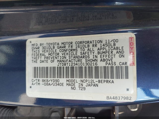 2001 Toyota Echo მანქანა იყიდება აუქციონზე, vin: JTDBT123410130216, აუქციონის ნომერი: 45972682