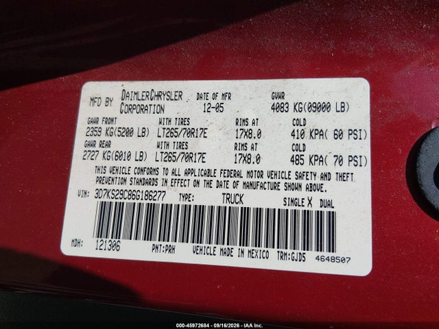 Продаж на аукціоні авто 2006 Dodge Ram 2500 Laramie, vin: 3D7KS29C86G186277, номер лоту: 45972684