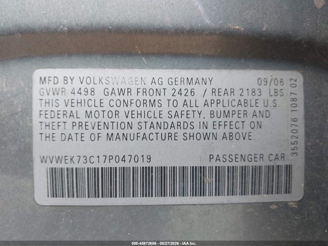 Продаж на аукціоні авто 2007 Volkswagen Passat 2.0t, vin: WVWEK73C17P047019, номер лоту: 45972686