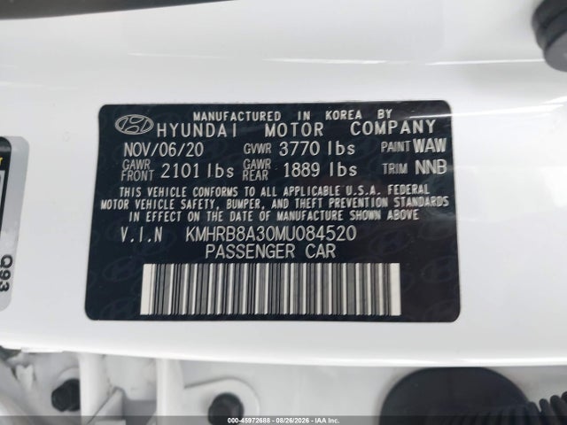 45972688 :رقم المزاد ، KMHRB8A30MU084520 vin ، 2021 Hyundai Venue Se مزاد بيع