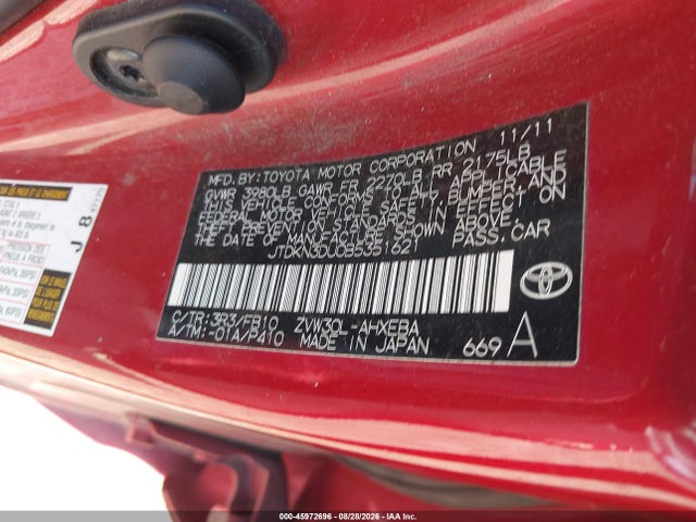 2011 Toyota Prius Three მანქანა იყიდება აუქციონზე, vin: JTDKN3DU0B5351621, აუქციონის ნომერი: 45972696
