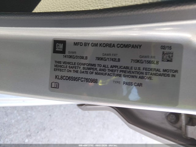 45972702 :رقم المزاد ، KL8CD6S95FC760988 vin ، 2015 Chevrolet Spark 1lt Cvt مزاد بيع