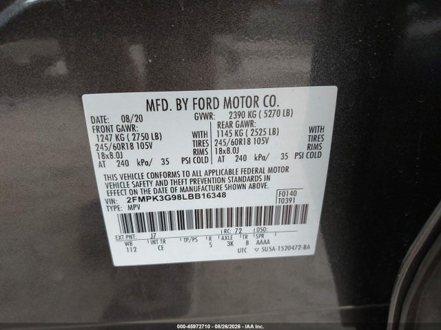 Продажа на аукционе авто 2020 Ford Edge Se, vin: 2FMPK3G98LBB16348, номер лота: 45972710