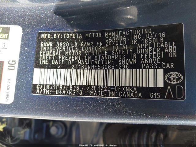 Aukcja sprzedaży 2016 Toyota Corolla Le, vin: 2T1BURHE5GC661296, numer aukcji: 45972721